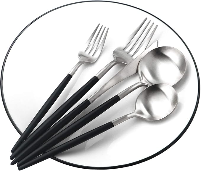 Gugrida Black Silver Flatware, Royal 20 Piece Matte Black Handle 18/10 Stainless Steel Tableware Sets for 4 Including Forks Spoons Knives, Camping Silverware Travel Utensils Set Cutlery (Black Silver)