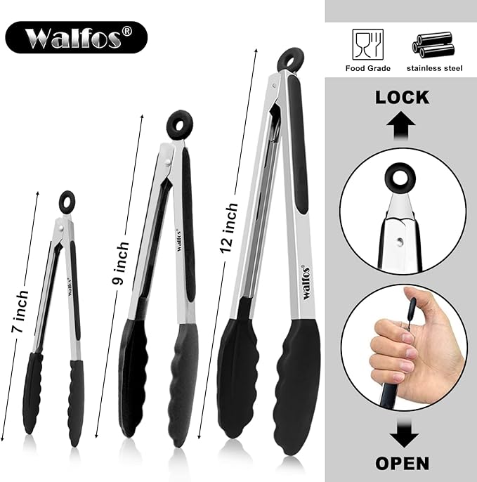 Walfos Kitchen Tongs - Heat Resistant Cooking Tongs Set of 3, Stainless Steel and BPA Free Silicone Tips, Great for Cooking, Grilling, Turning, 7" 9" and 12" (3 black silicone tongs)