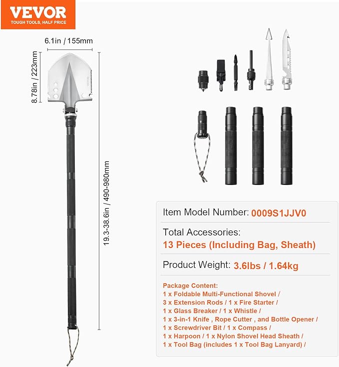 VEVOR Survival Shovel, 13 in 1 Camping Shovel Folding Multitool Kit, Portable and Compact, Stainless Steel, Multifunction for Off-Roading, Camping, Hiking, Outdoor, Survivalist and Emergency