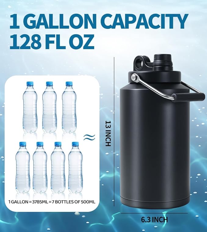 Gallon Water Jug,Insulated Water Bottle, 1 Gallon Jug with Handle, 128 oz Stainless Steel Large Water Bottle Wide Mouth Double Vacuum for Hot & Cold Drinks, Black