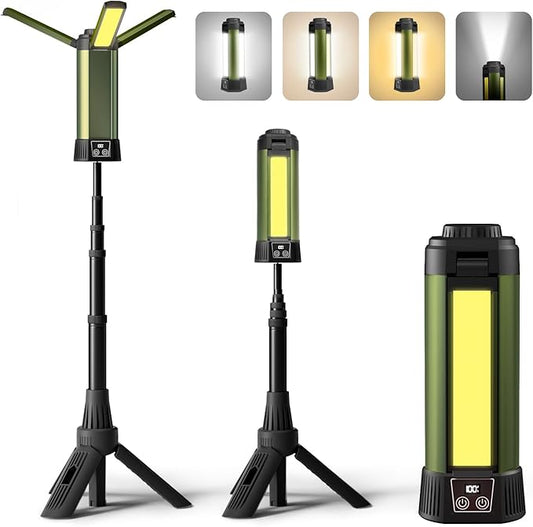 Rechargeable Camping Light with Stand: Cordless Work Light Kit 3 Page Head 500/1000/2000 Lumen 3500/6500K - Dimmable 6AH Camp Lights with Detachable Tripod,Hooks and Carrying Bag(Green-S)