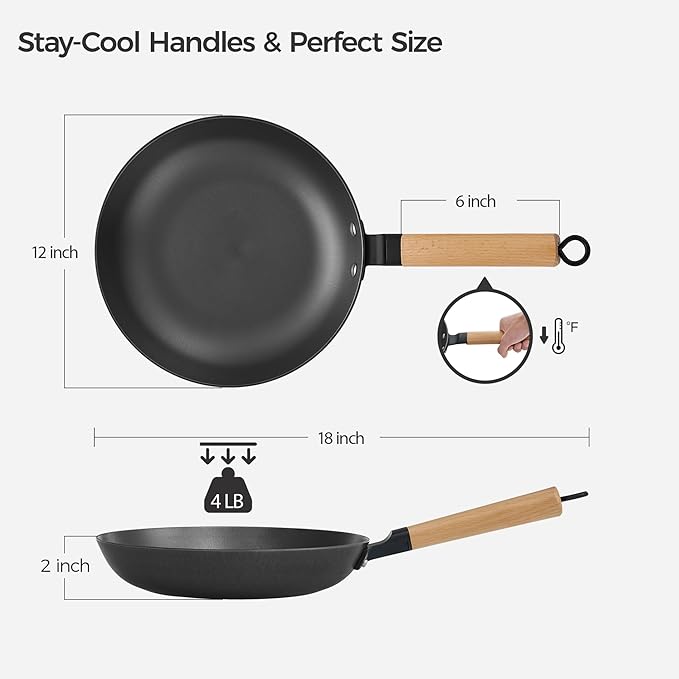 YUTANN Non Stick 12 inch Frying Pan, Lightweight Cast Iron Pan, Preseasoned Cast Iron Skillet with Wooden Handle, Cooking Pan Induction Frying Pan Easy Cleanup, Oven Broiler Safe 500F