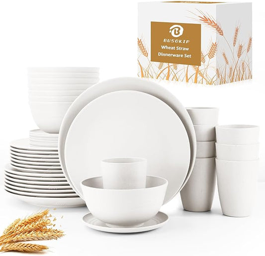 40 Pieces Wheat Straw Dinnerware Sets for 8, Dinner Plates, Cereal Bowls and Drinking Cups, Unbreakable and Reusable Plastic Dinnerware Sets (White)