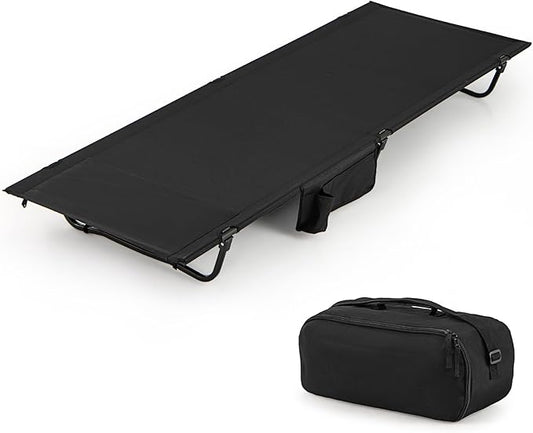 GYMAX Ultralight Camping Cot for Adults, Portable Folding Camping Bed w/Side Pocket, Carry Bag, Compact Sleeping Cot for Outdoor Backpacking Travel Hiking Mountaineering Home Beach, Supports 330 LBS