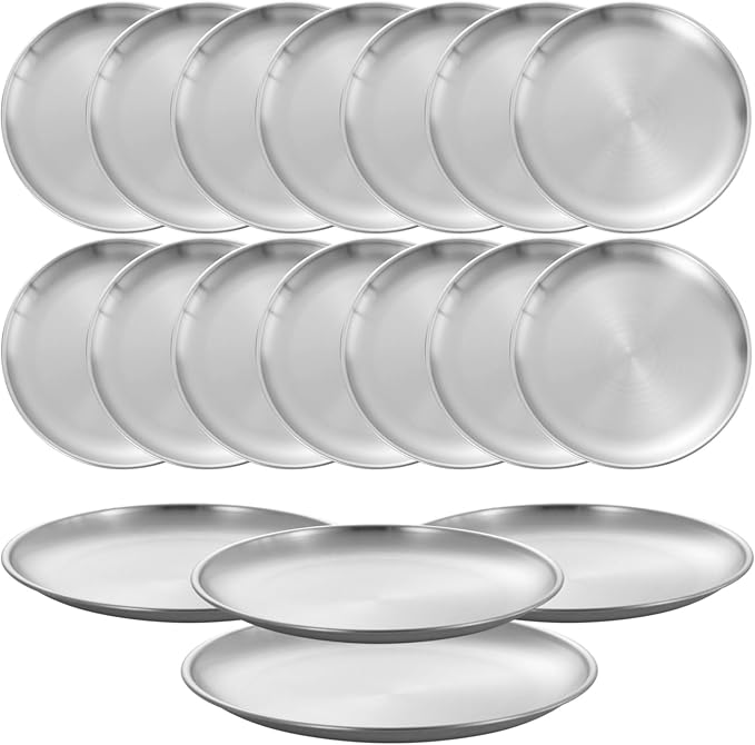 OMISTAR 16 Pcs Stainless Steel Dinner Plates, Reusable Brushed Metal Plates, 9 inch Round Dinner Dishes, Serving Plates for Main Dishes, Unbreakable Kitchenware, Dishwasher Safe