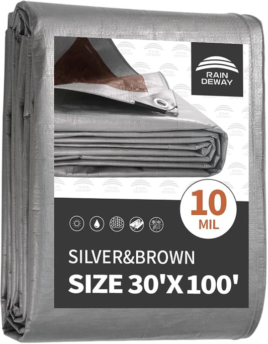 RAINDEWAY Tarps Heavy Duty Waterproof 30x100 Feet,10Mil Thick Multipurpose Large Tarp Cover with Metal Grommets and Reinforced Edges,Silver/Brown Tarp