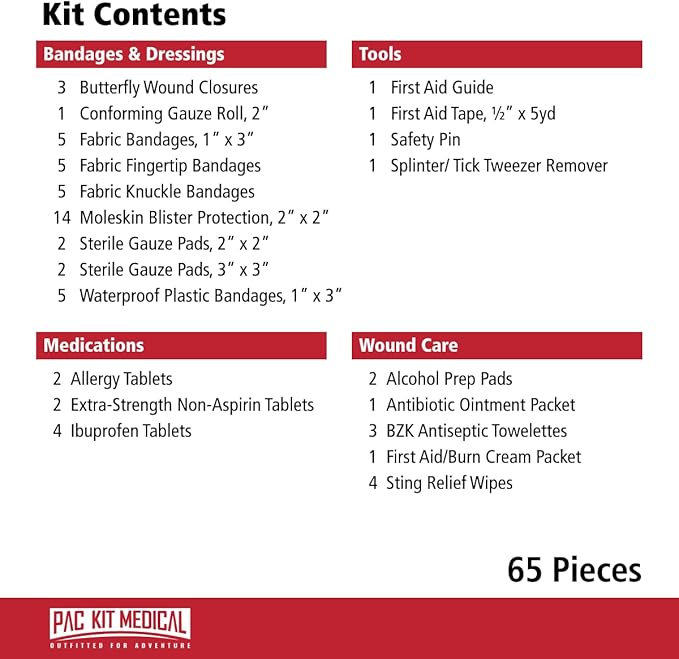 Pac-Kit Trailblazer 1 Outdoor First Aid Kit for Hiking, Camping and Outdoor Travel, 65 Pieces