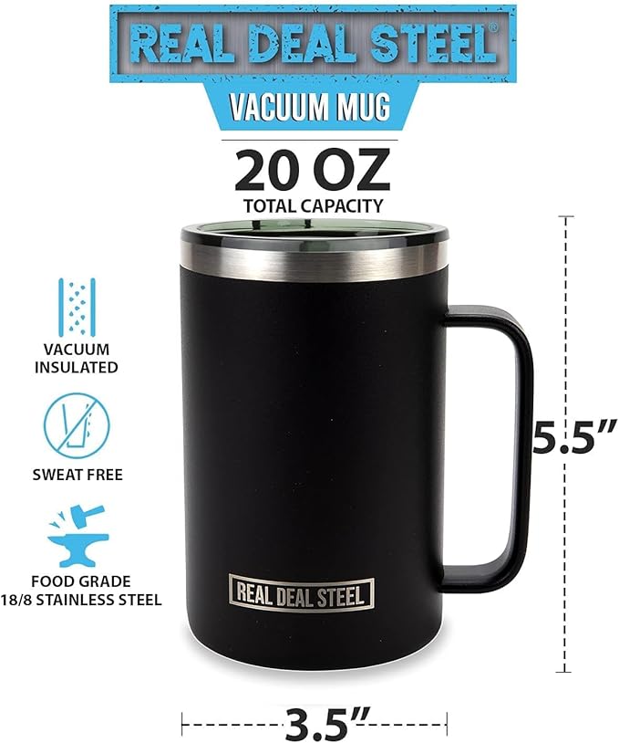 Insulated Mug with Handle and Lid - Stainless Steel Vacuum Coffee Cup, Set of 2, 20 oz - Large Double Wall Coffee or Tea Cup, Thermal Camping Mug Keeps Drinks Hot, Beer Mug That Keeps Beer Cold