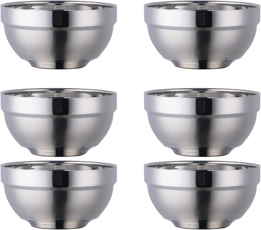 Stainless Steel Bowl Set: 17 Oz Cereal Bowl of 6 with Double Walled Insulated - Dishwasher Safe Unbreakable Deep Soup Bowl Home Kitchen & Child (Silver)