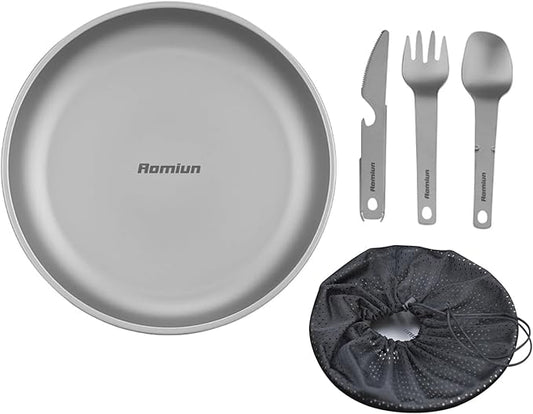 Titanium Camping Plate Utensil Set of 4, Ultralight Titanium Plate Dish with Knife Fork Spoon, Portable Outdoor Camping Tableware Cutlery Cookware for Backpacking Hiking Travelling Picnic BBQ