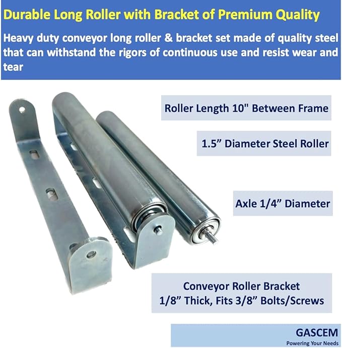 Pack of 2 10"BF Long Roller and Bracket l 1.5"Ø Galvanized Steel Conveyor Roller I Set of Roller and Bracket Versatile as Support Rollers for Woodworking, Roller Stand or Bike Rollers Conveyor Rollers