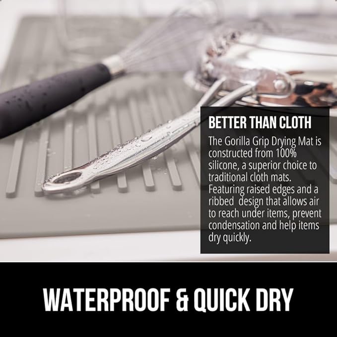 GORILLA GRIP 100% BPA-Free Patented Silicone Dish Drying Mat for Kitchen Counter, 18x24 Inch, Water Catching Ribbed Design, Easy Clean Waterproof Sink Liner, Heat Resistant, Fits Under Rack, Almond