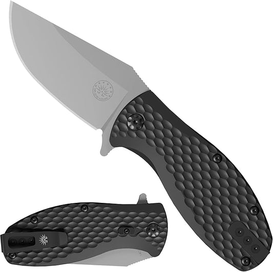 Off-Grid Knives - Badger EDC Folding Knife with Sandvik 14C28N Blade, Ball Bearing Pivot, G10 Scales, Grid-Lock, Ambidextrous Deep Carry Clip (Tumbled Stone)