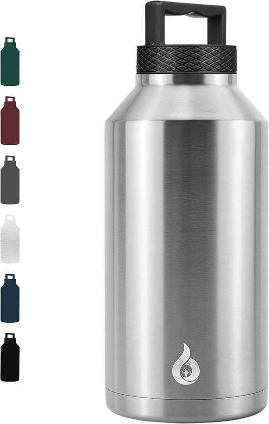 BJPKPK Half Gallon Water Bottle Insulated, Dishwasher Safe 64 oz Water Bottle with Handle, Leakproof BPA Free Water Jug, Large Metal Thermo for Sports, Stainless Steel Primary Color