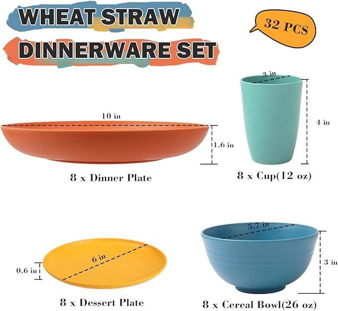 Wheat Straw Dinnerware Sets, Plates and Bowls Sets Unbreakable & Microwave Safe - 32 Piece Service for 8 Dinner Plate Dessert Plate Cereal Bowl Cup for Kitchen & Outdoor - Multi