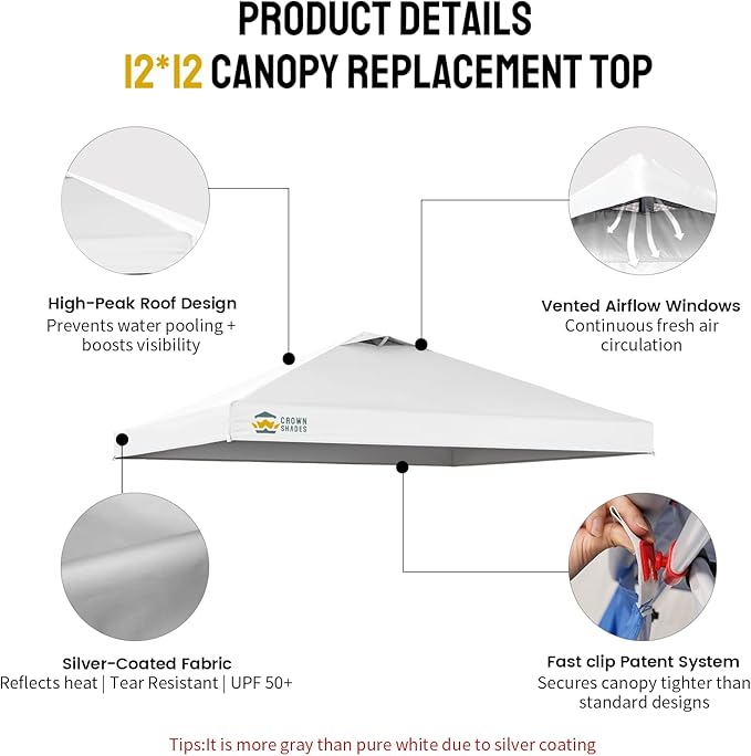 CROWN SHADES 12x12 Canopy Replacement Top - Only Compatible with Crown Shades RM144 Series, Silver Coated with Air Vent, White(Top Only)