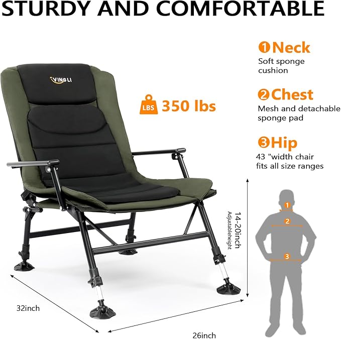 VINGLI Oversized Fishing Chair Heavy Duty Support 440 LBS, 160° Freely Adjustable Reclining Folding Chairs, Lounge Travel Outdoor Seat with High Back for Fishing Camping or Leisure