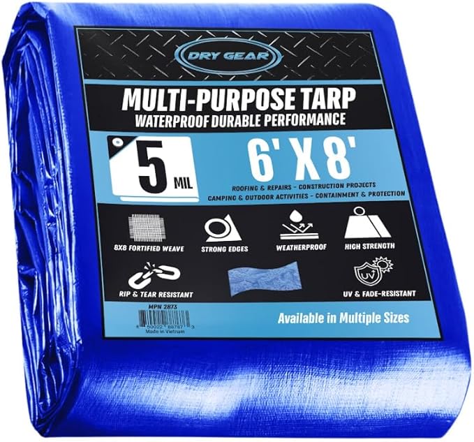 Tarps Multi Purpose Waterproof 6x8 - Multi Purpose 5 MIL Tarp - High Durability 6x8 Tarp - Construction, Rain Shelter, Outdoor Cover and Camping Use