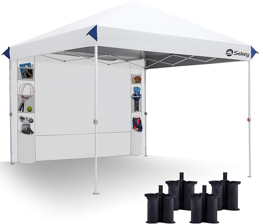 Sekey 10x10 Pop Up Canopy with Pockets Sidewall, One Push Setup Instant Outdoor Gazebo, Instant Easy Up Canopy with UPF50+ Top, 4 Weight Bags for Events, Beach, Patio, Camping