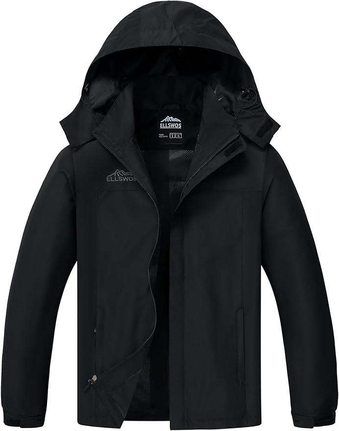 ELLSWOS Men's Waterproof Raincoat Lightweight Rain Jacket with Detachable Hood Softshell Windbreakerl for Hiking Travel