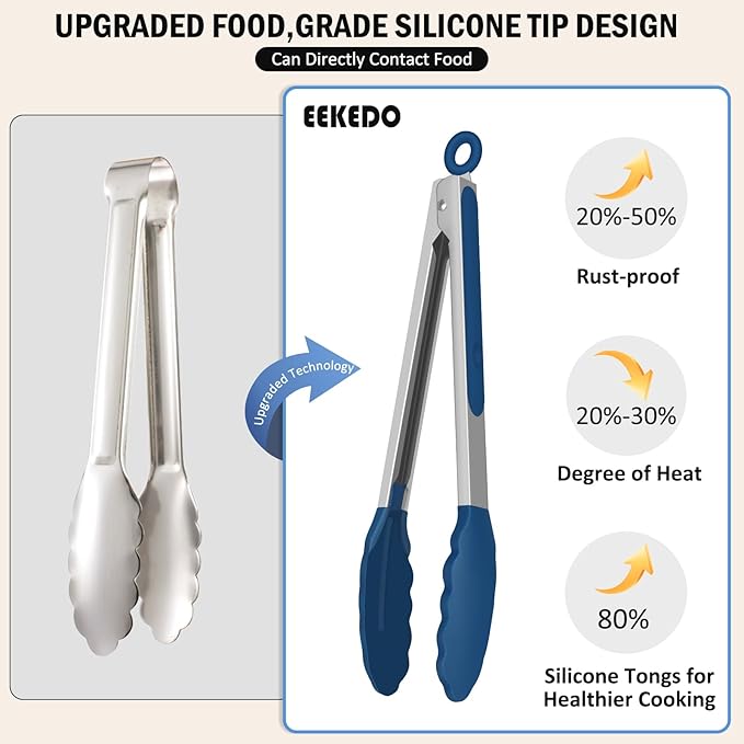 Kitchen Tongs, Stainless Steel Silicone Tongs for Cooking 600ºF High Heat-Resistant BBQ Grilling Locking Tongs, Set of 2-9" and 12" Classic Blue