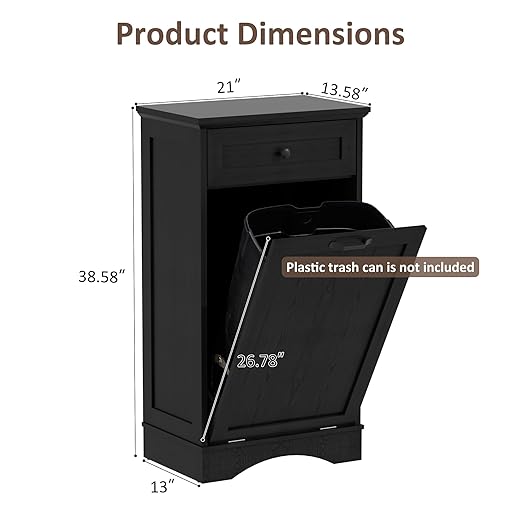 13 Gallons Tilt Out Trash Cabinet Freestanding Kitchen Trash Bin Cabinet Wood Garbage Recycling Cabinet with Hideaway Drawer Pet Proof Trash Can Holder for Kitchen Living Room, Dark Black