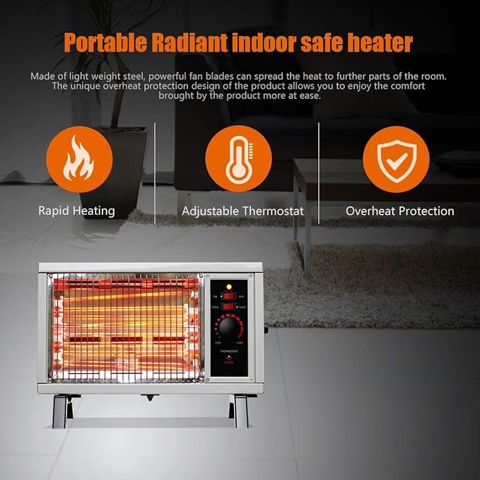 Homeleader ETL Portable Radiant Heater, 1250W/1500W Indoor Space Heater, Rapid Heating with Adjustable Thermostat, Perfect for garages, workshops, Warehouses, White