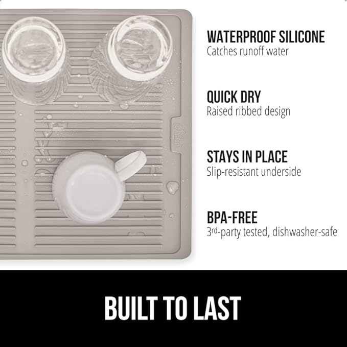GORILLA GRIP 100% BPA-Free Patented Silicone Dish Drying Mat for Kitchen Counter, 18x24 Inch, Water Catching Ribbed Design, Easy Clean Waterproof Sink Liner, Heat Resistant, Fits Under Rack, Almond