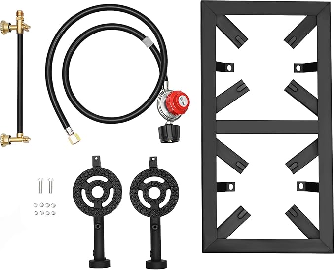 Double Burner Gas Stove, 8000W Portable Outdoor Propane Stove with Adjustable 0-10Psi Regulator Hose for Patio Camping, BBQ, Home Brewing, Turkey Fry, Maple Syrup Prep