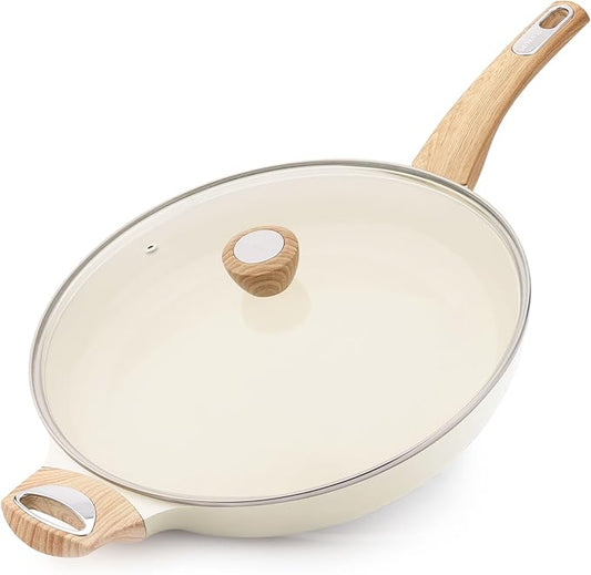 SENSARTE Ceramic Nonstick Frying Pan Skillet with Lid 12.5Inch Large Non Stick Non-toxic Healthy Kitchen Cooking Chef's Pan, Free of Intentionally Added PFOA/PFAS/PTFE, Induction Compatible, White