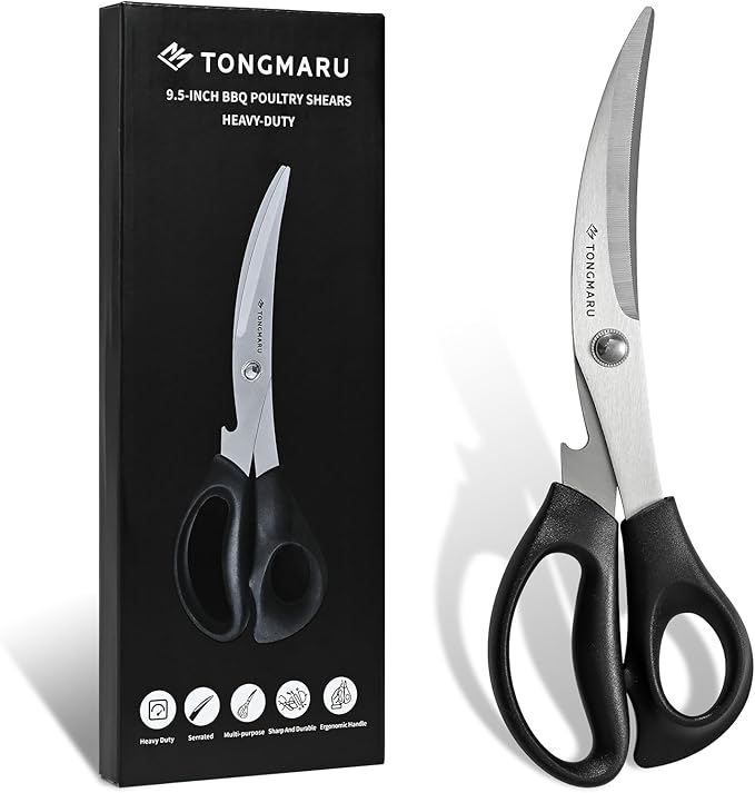 Heavy Duty BBQ Shears, Super Sharp All Purpose Kitchen Poultry Shears, Korean Barbeque Scissors with Anti-slip Handle, Serrated Blades with Bottle Opener function