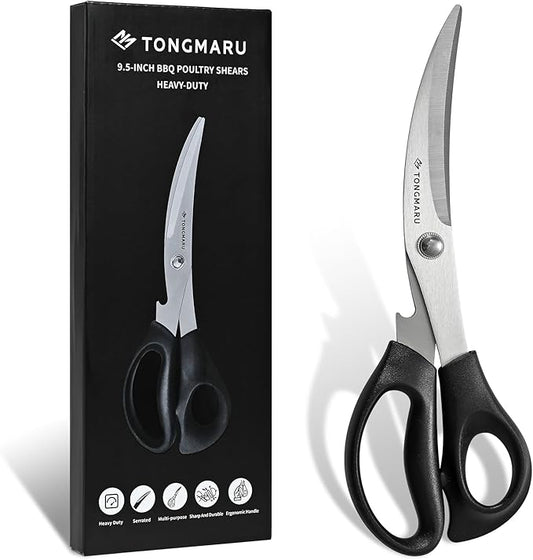 Heavy Duty BBQ Shears, Super Sharp All Purpose Kitchen Poultry Shears, Korean Barbeque Scissors with Anti-slip Handle, Serrated Blades with Bottle Opener function