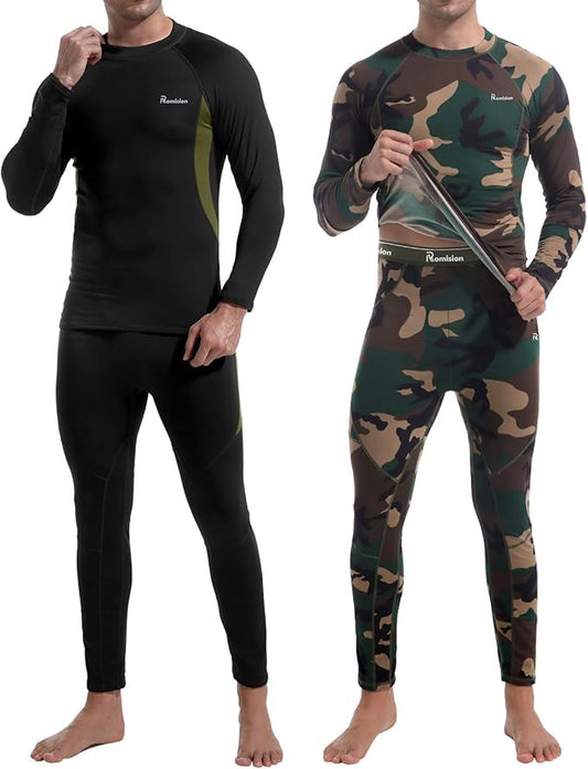 romision 2 Pack Thermal Underwear for Men Long Johns Fleece Lined Hunting Gear Bottom Top Set Base Layer Cold Weather XS-4XL