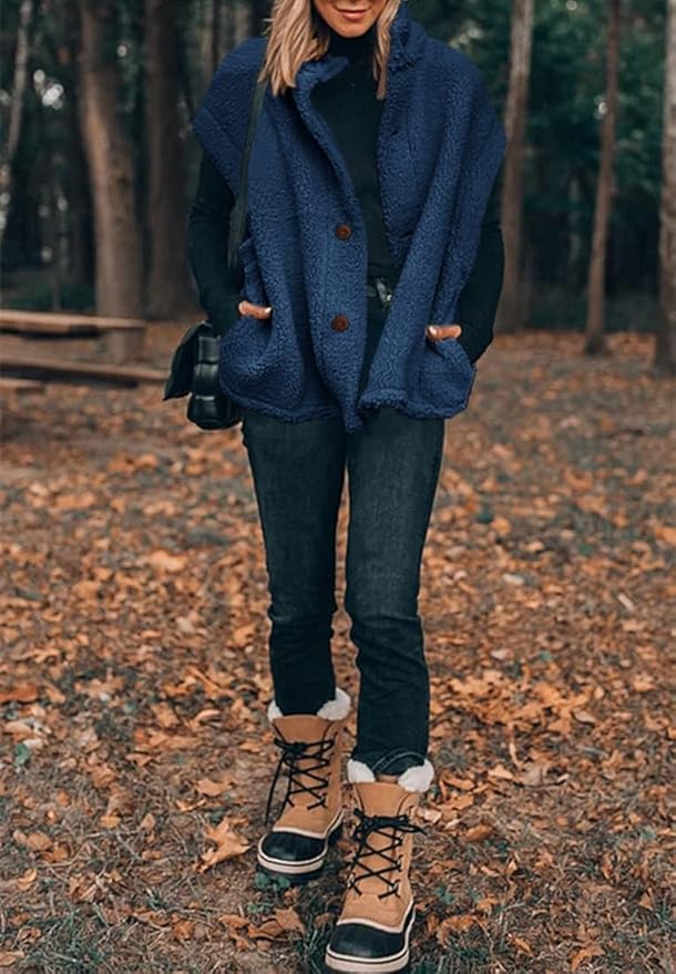 Hongqizo Womens Fuzzy Fleece Vest Casual Oversized Warm Button Down Sherpa Vest Jacket with Pockets
