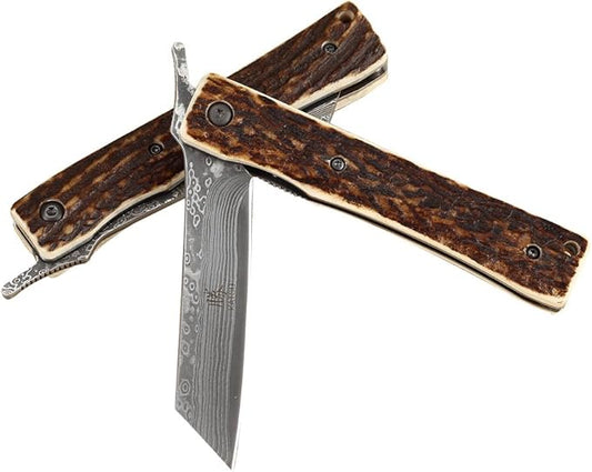 KATSU Handmade Damascus Steel Japanese Razor Pocket Folding Knife with Genuine Deer Antler Handle