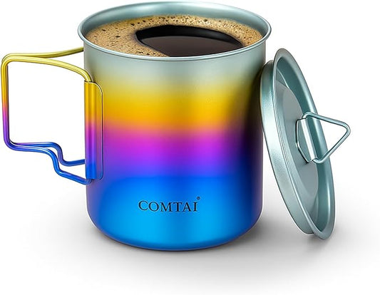 Titanium Camping Pot Mug 15oz (420ml) with Lid and Foldable Handle – Ultralight Camping Cup for Hiking, Backpacking, Outdoor Cooking, Rainbow