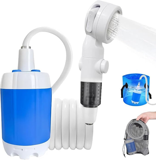Portable Shower for Camping, Rechargeable Portable Camping Shower Pump with USB-C, Camp Shower with 3 Spray Modes, Outdoor Shower Kit for Camping, RV, Travel, Pet Bath, Watering Plants (+ Mesh Bag)