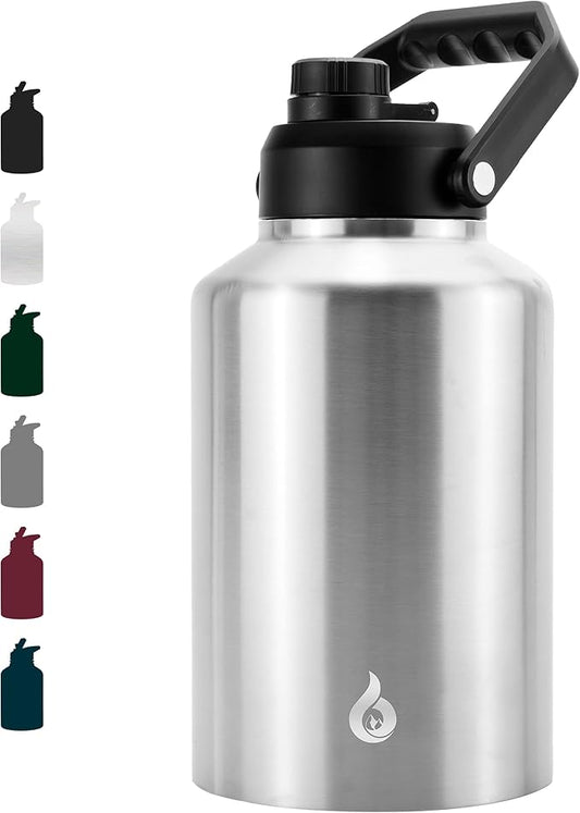 BJPKPK One Gallon(128 oz) Insulated Water Bottle, Dishwasher Safe Stainless Steel Thermo, BPA Free Jug with Ergonomic Handle & Anti-slip Bottom, Large Water Bottle,Stainless Steel