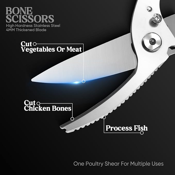 DRAGON RIOT Heavy Duty Kitchen Scissors - Sharp Scissors for Cutting Chicken, Poultry, Turkey, Meat - Stainless Food Kitchen Shears for Professionals - Spring Loaded (Silver)