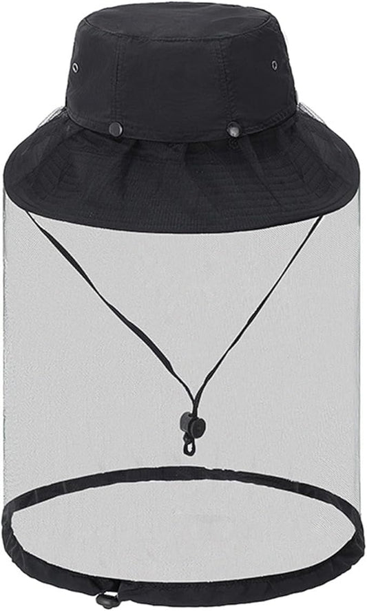 Mosquito Sun Hat with Net, Concealable Mesh, Drawstring Adjustable Skirt and Wind Cord, for Fishing Beekeeping Gardening