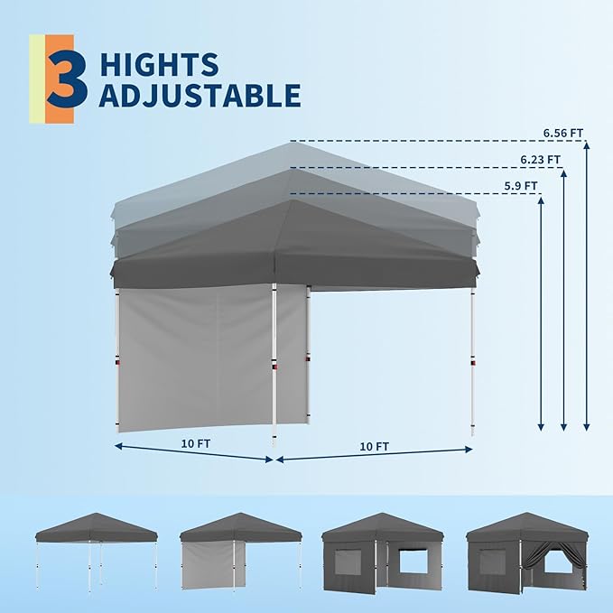 10x10 Pop Up Canopy Tent Outdoor Canopy with 1 Removable Sidewall One-Person Set Up Heavy Duty Commercial Instant Tent Shelter-Gray