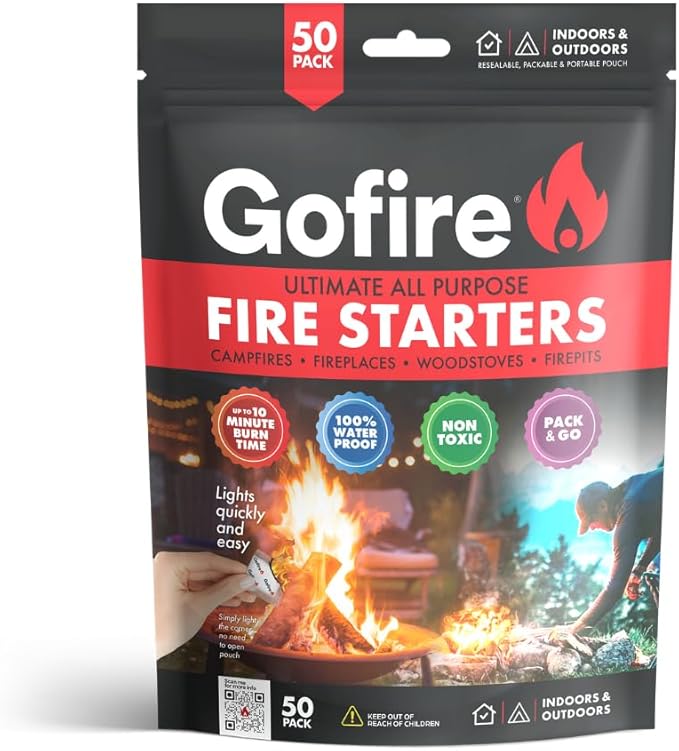 Travel Fire Starter for Camping, Hiking, Backpacking | Uses: Grill, Campfire, Fireplace, Wood Stove | All Purpose, Portable, Waterproof | Heat During Cold Rain & Snow | 50 Pieces