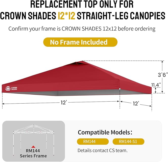 CROWN SHADES 12x12 Canopy Replacement Top - Only Compatible with Crown Shades RM144 Series, Silver Coated with Air Vent, Red (Top Only)