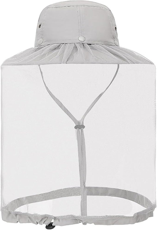 Mosquito Sun Hat with Net, Concealable Mesh, Drawstring Adjustable Skirt and Wind Cord, for Fishing Beekeeping Gardening