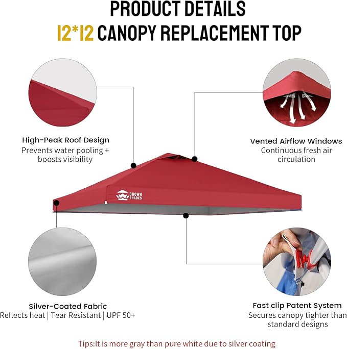 CROWN SHADES 12x12 Canopy Replacement Top - Only Compatible with Crown Shades RM144 Series, Silver Coated with Air Vent, Red (Top Only)