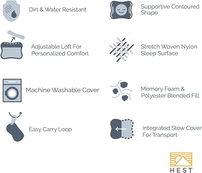 HEST Camping Pillow - Temperature Resilient, Memory Foam, Packable Travel Pillow