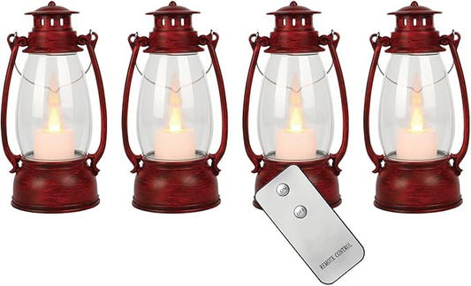 LLQ Small Red Lanterns Decorative with Remote, 7-inch Vintage Western Lanterns with Flickering LED Candle, Camping Decorations, Western Party Decorations, Christmas Centerpieces for Tables, 4-Pack