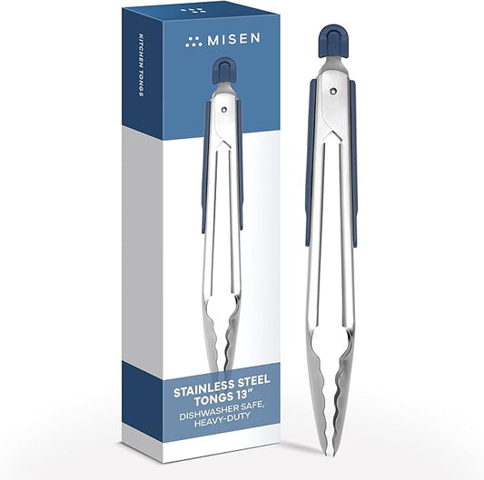 Misen Kitchen Tongs - Dishwasher Safe, Heavy Duty - Precision Stainless Steel Grilling Tool - Heat Resistant - Perfect for Serving and Air Frying - 13 Inch | Blue
