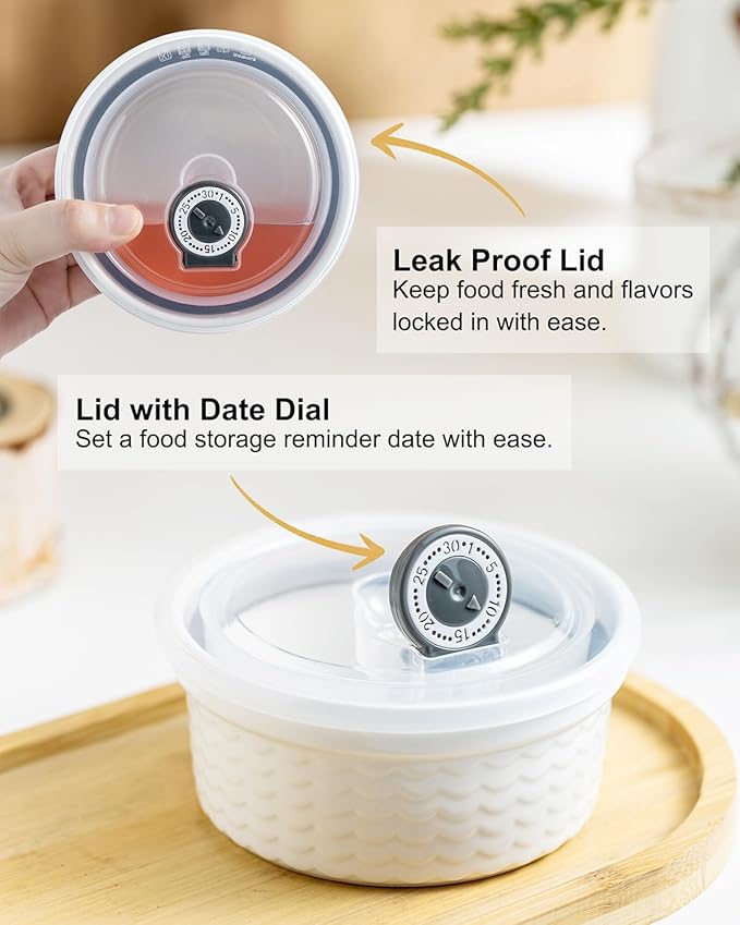 Ceramic Ramekins with Lids Oven Safe Set of 4, Baking Bowls for Dessert, Food Storage Bowls with Airtight Lids, Meal Prep Containers, Lunch Office Meal for Microwave and Freezer, White Ripple