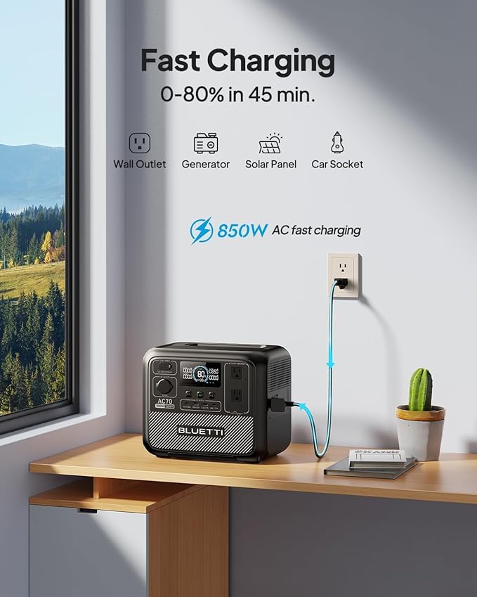 BLUETTI AC70 Solar Generator with Charger 1 (Ships Separately), 768Wh LFP Backup, 560W Alternator, DC-DC Charger for Portable Power Station, 2H Full Charge via Car, for Road Trips, Off-grid Use